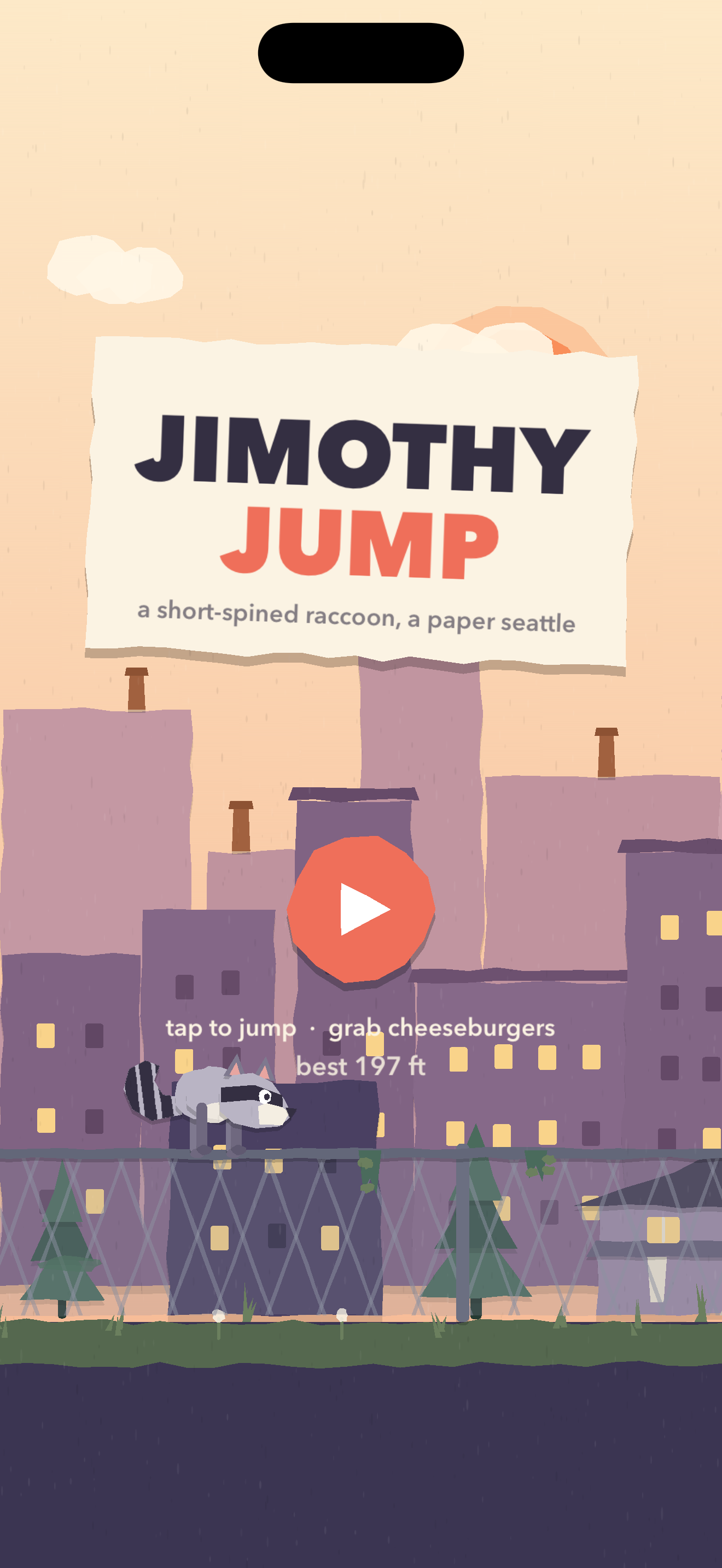 Title screen: Jimothy waits in the paper city at dusk